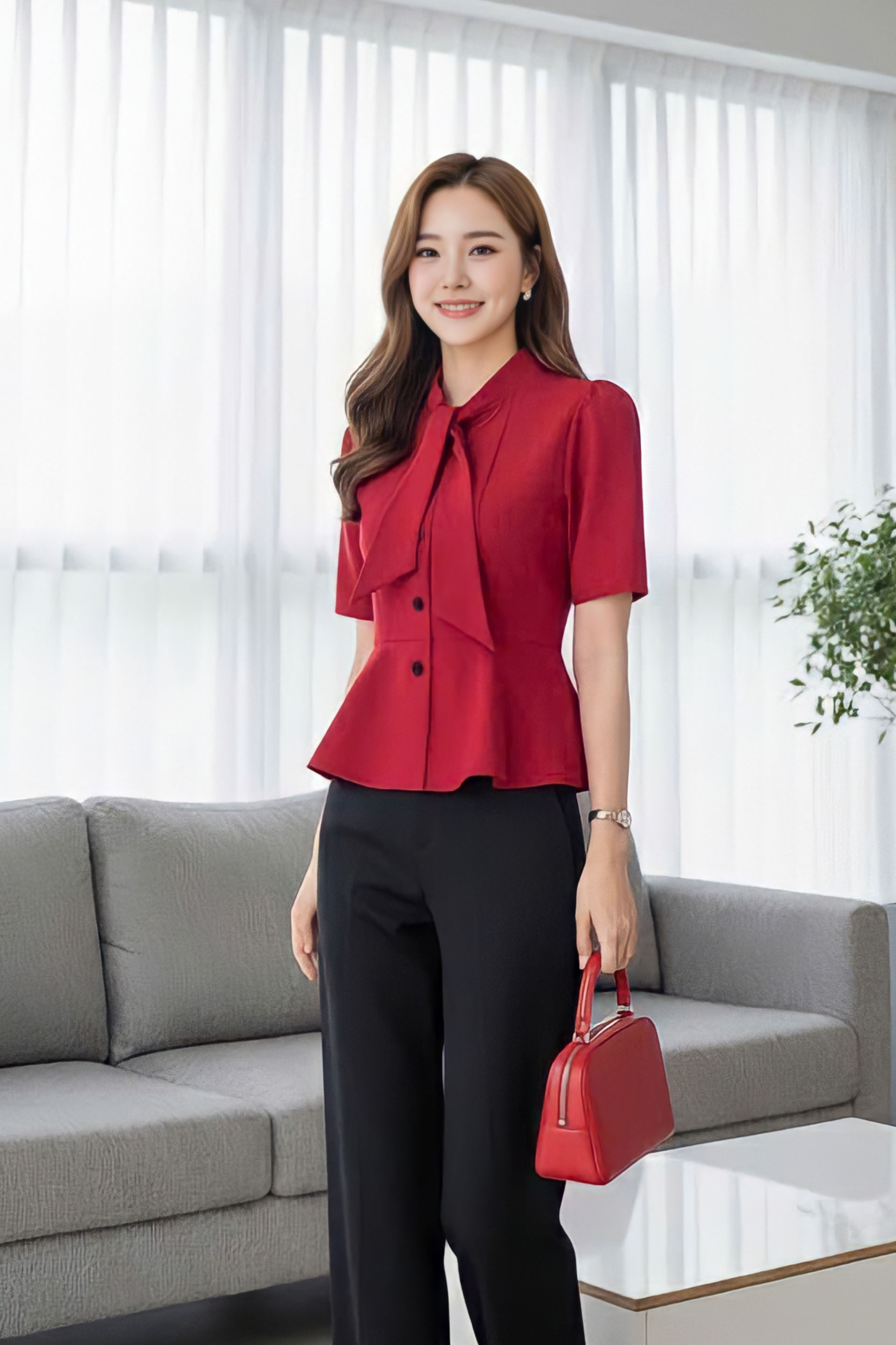 Áo sơ mi tay bồng nơ cổ