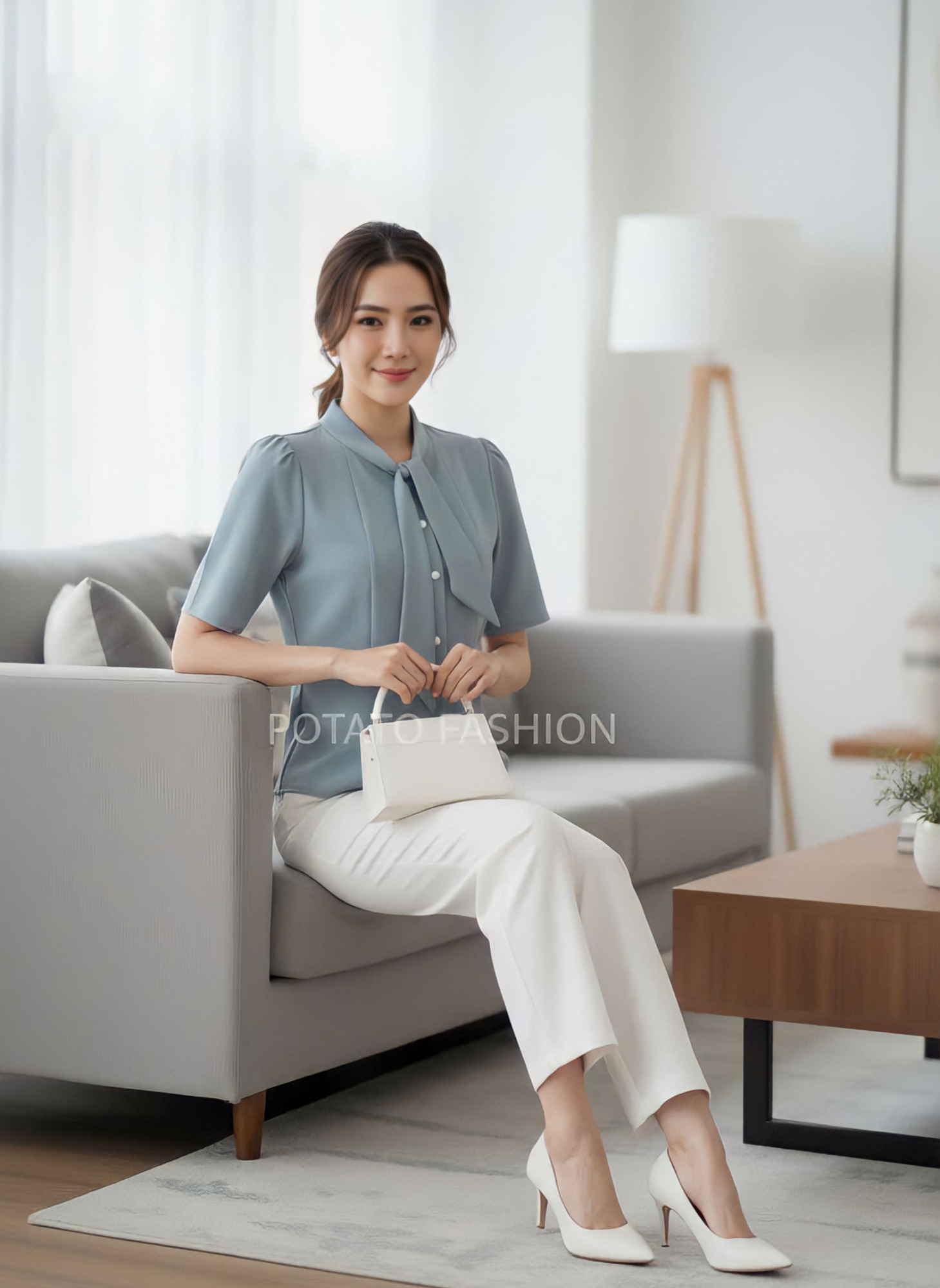 Áo sơ mi tay bồng nơ cổ