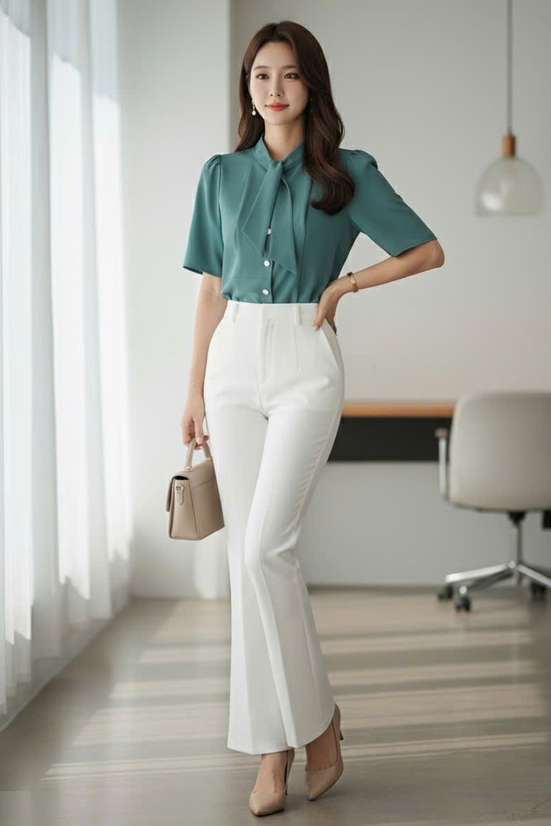 Áo sơ mi tay bồng nơ cổ