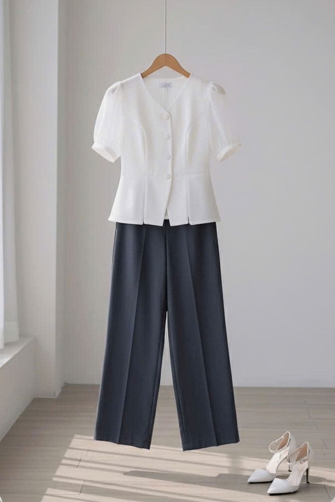 Áo sơ mi cổ tim tay phối tơ