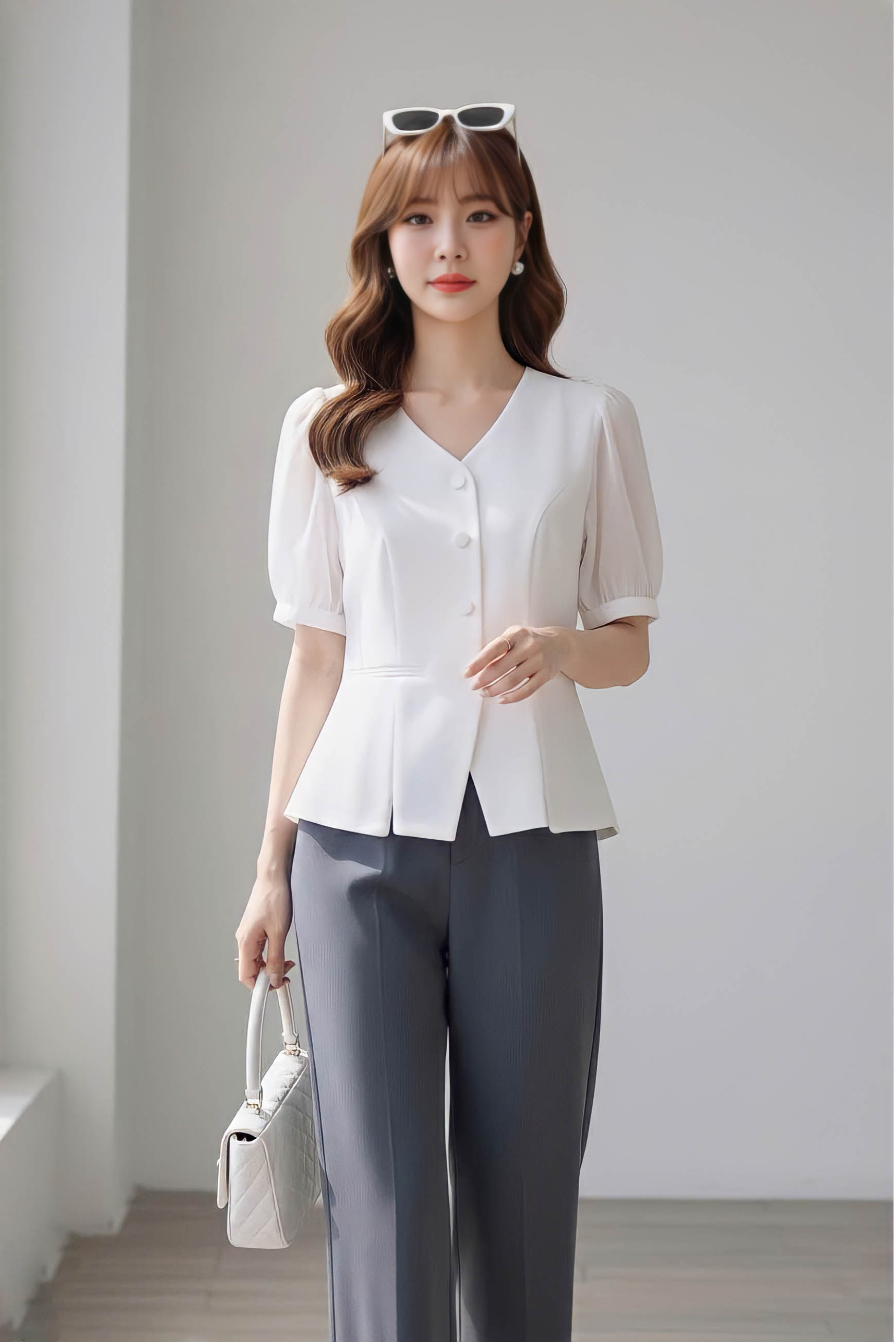 Áo sơ mi cổ tim tay phối tơ