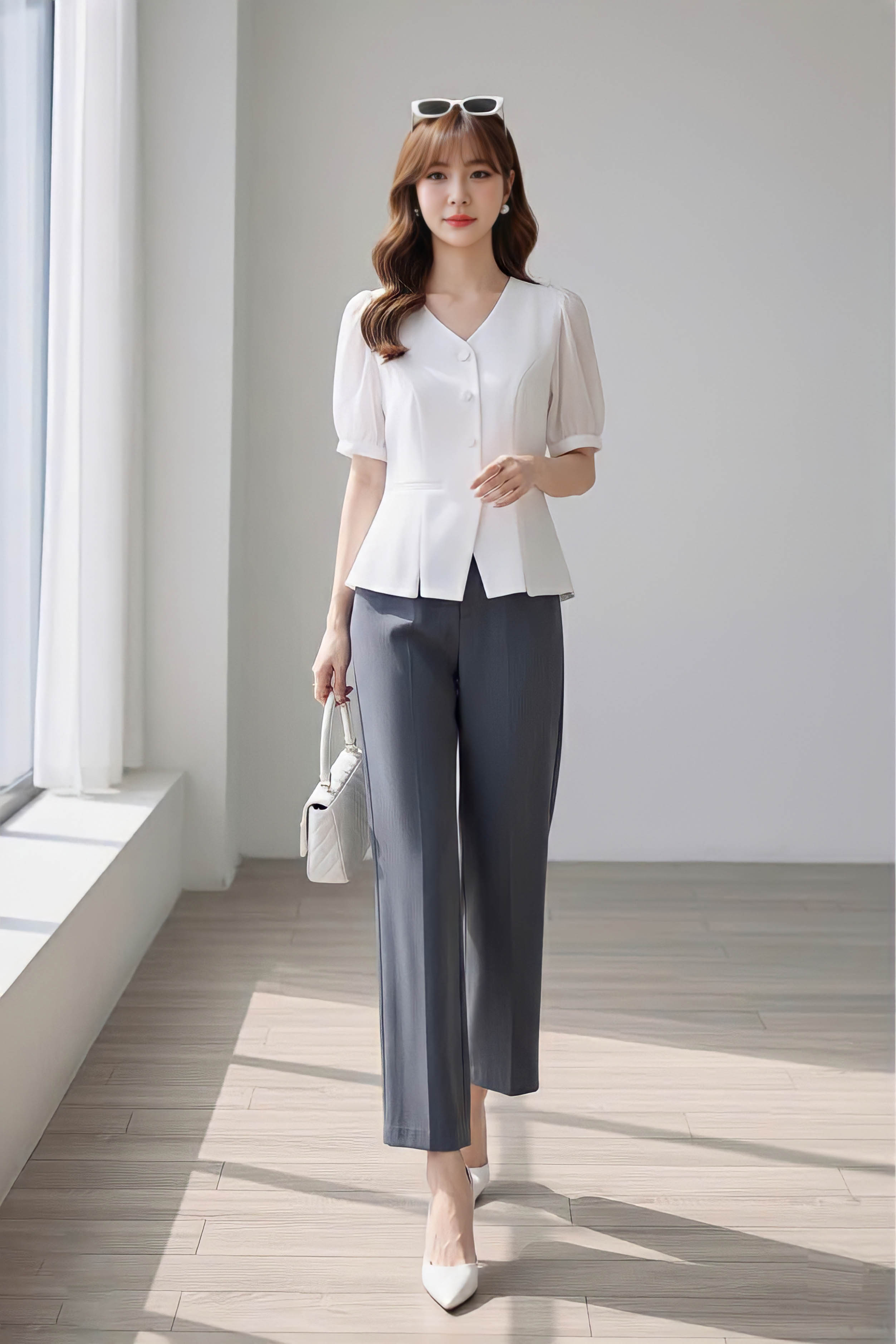 Áo sơ mi cổ tim tay phối tơ