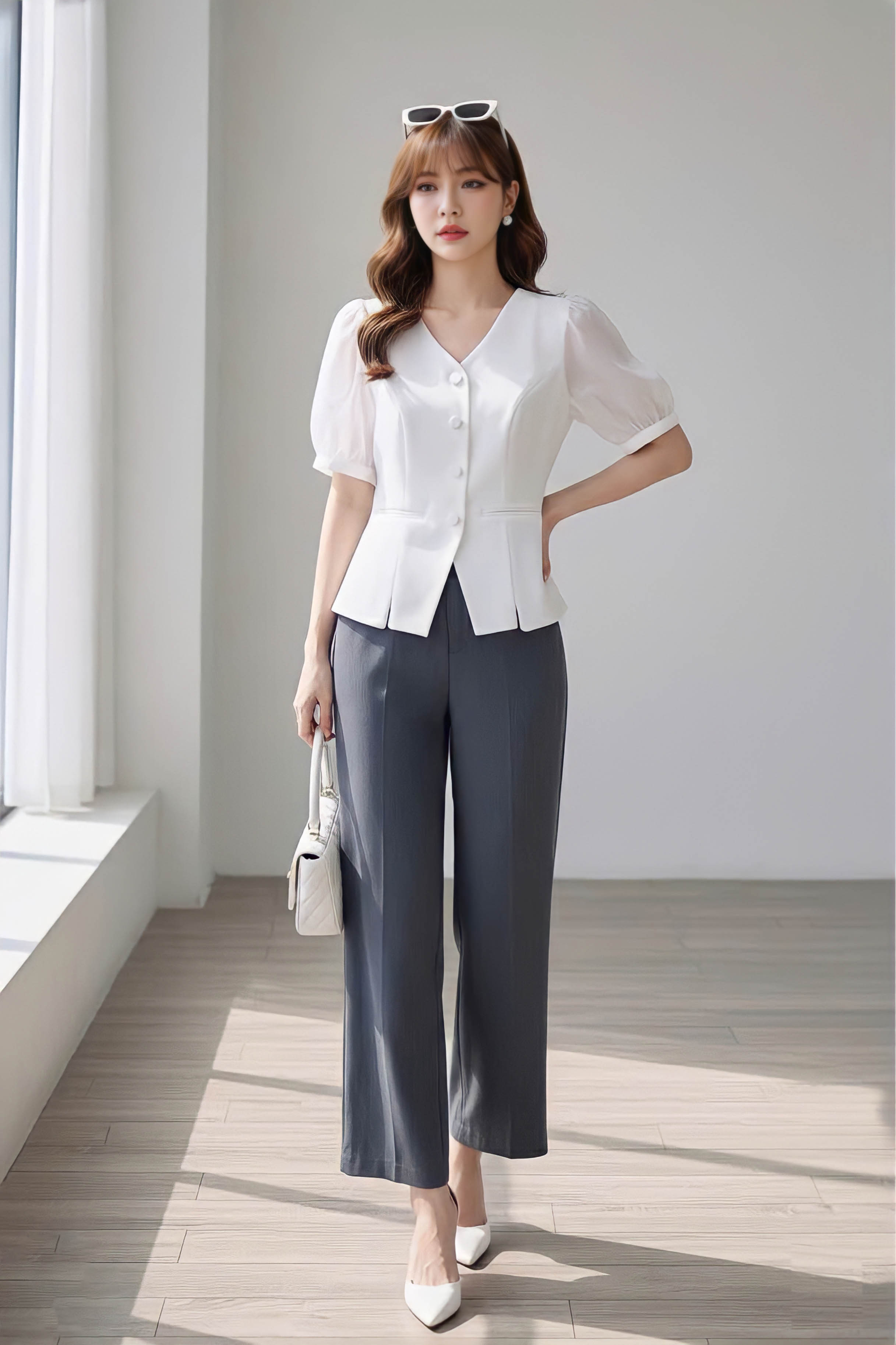 Áo sơ mi cổ tim tay phối tơ