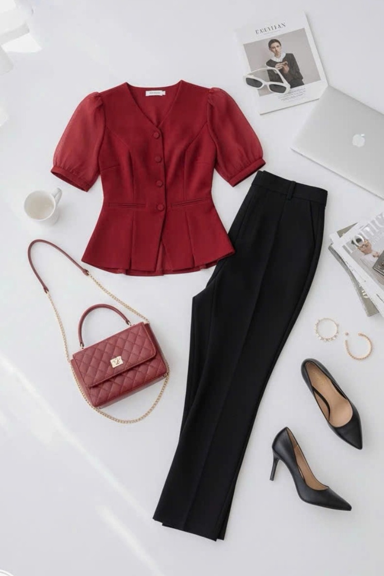 Áo sơ mi cổ tim tay phối tơ