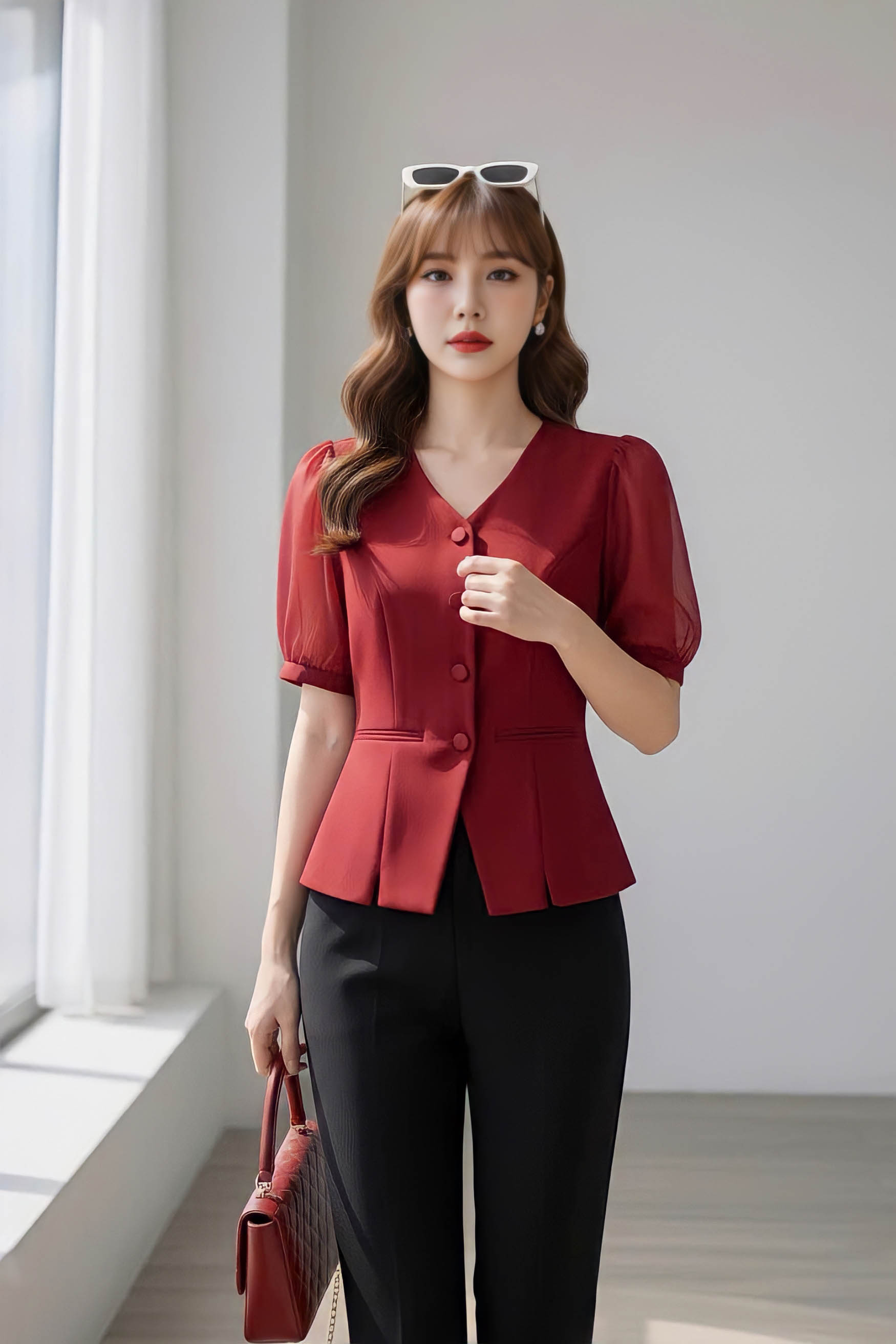 Áo sơ mi cổ tim tay phối tơ