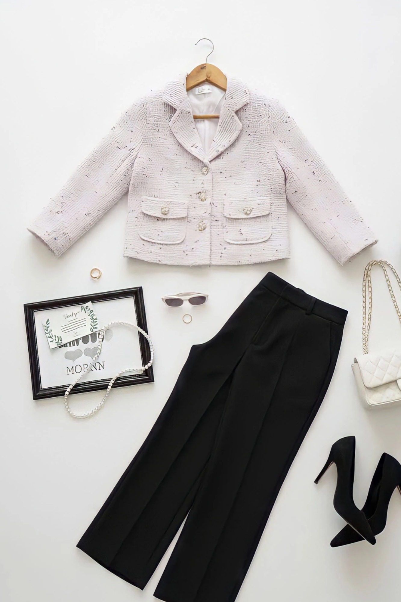 Áo tweed cổ K dáng lửng