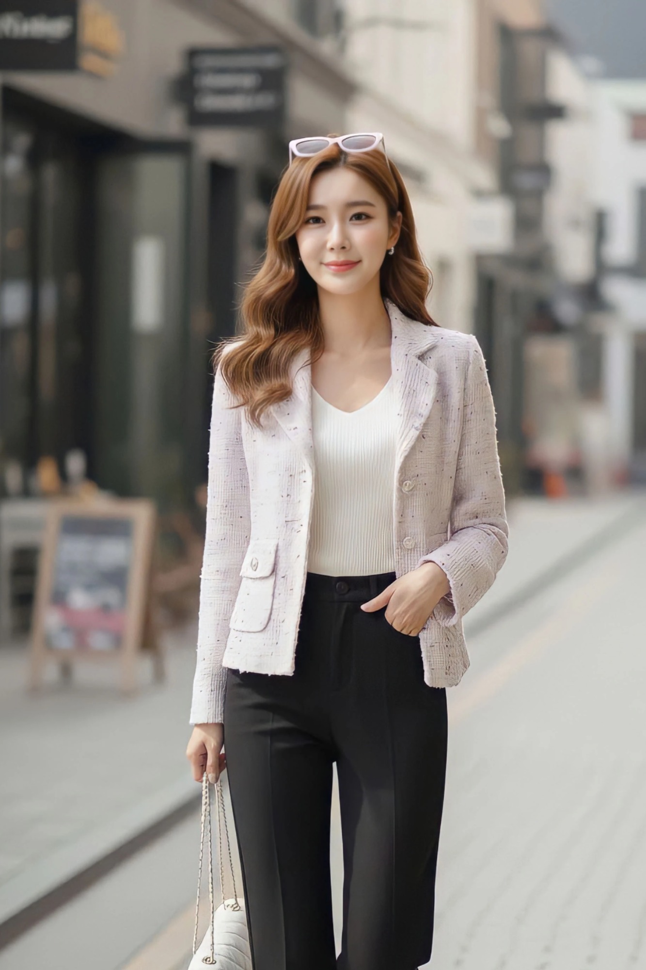 Áo tweed cổ K dáng lửng