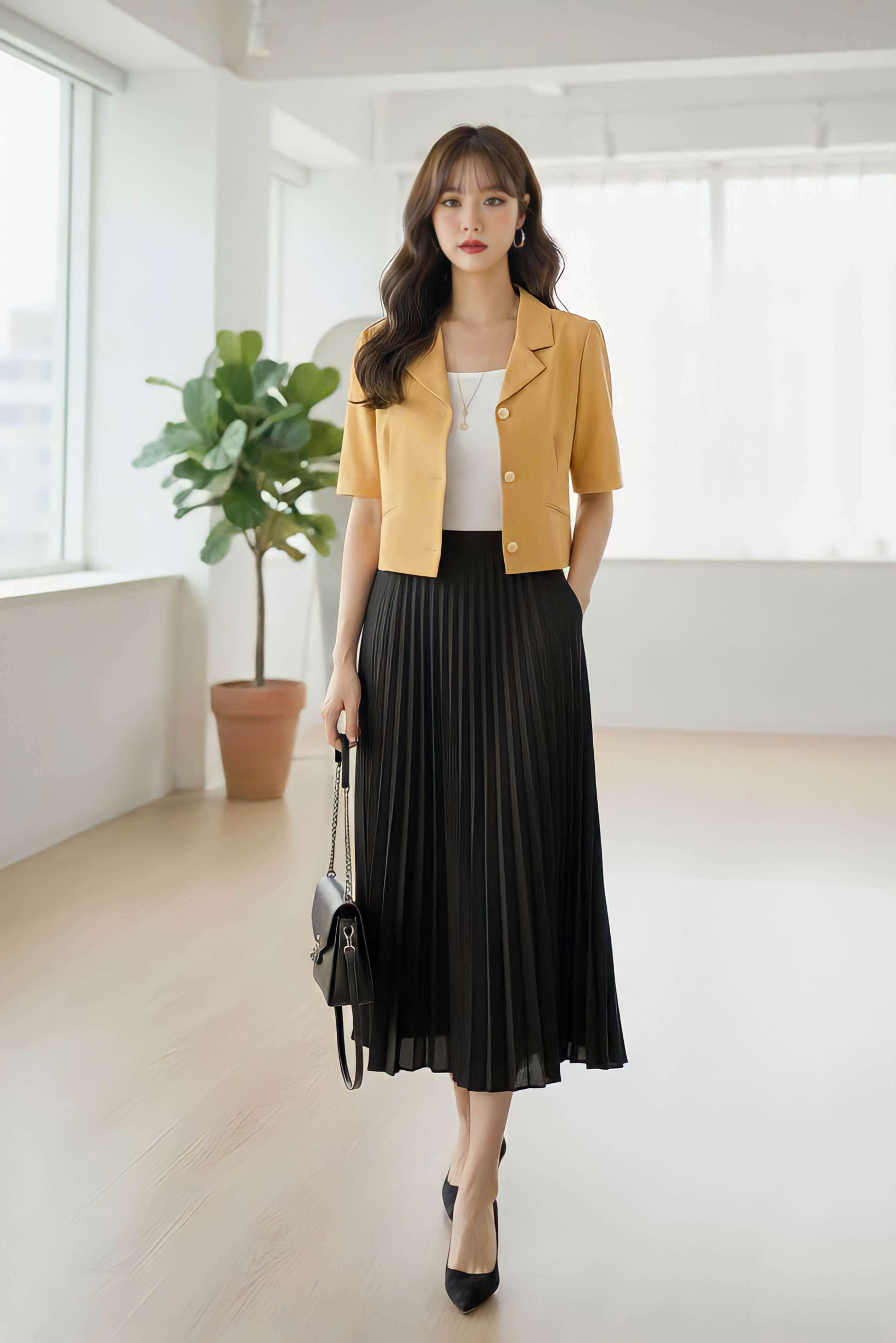 Áo croptop cổ hai ve dáng suông túi cơi chéo