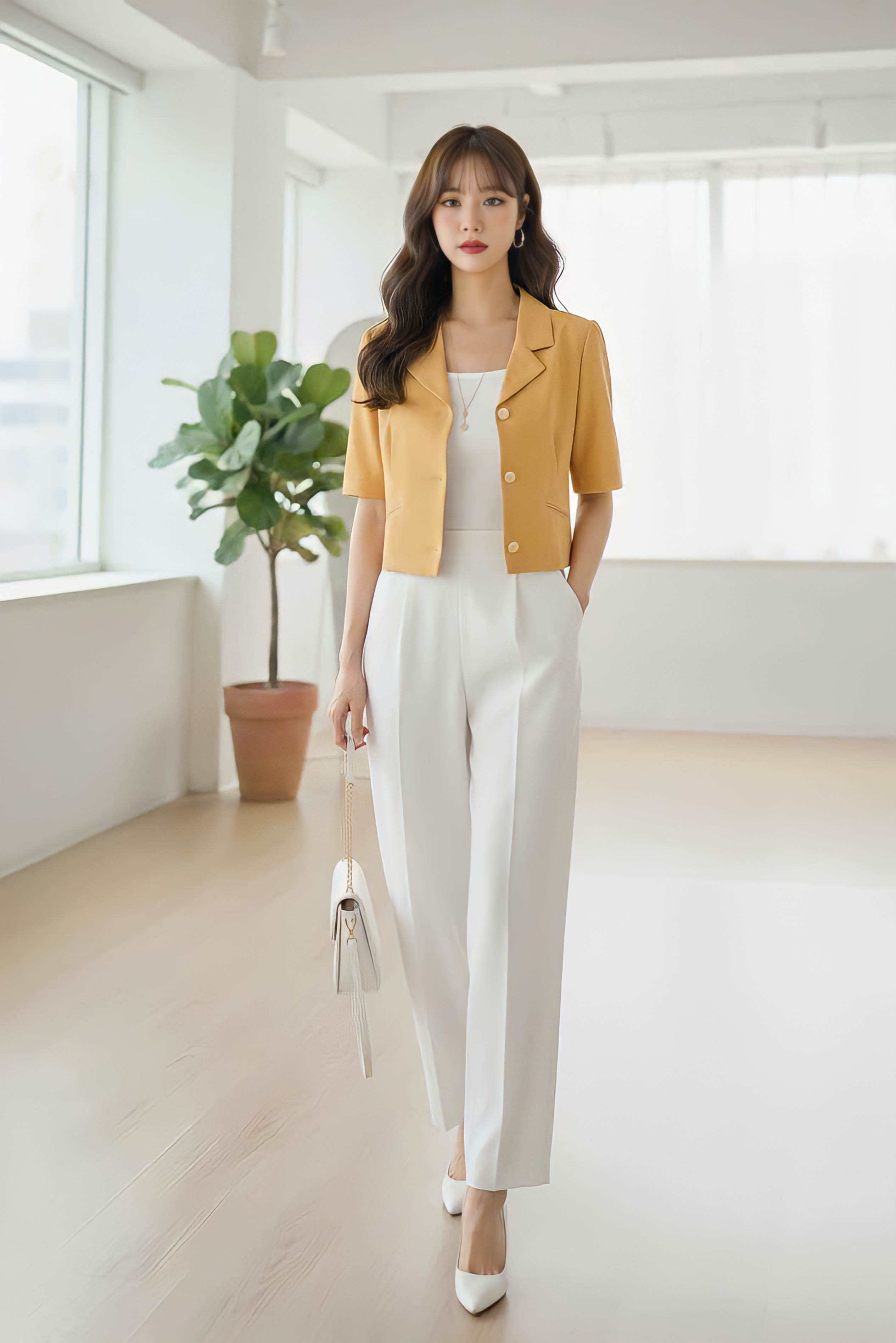 Áo croptop cổ hai ve dáng suông túi cơi chéo