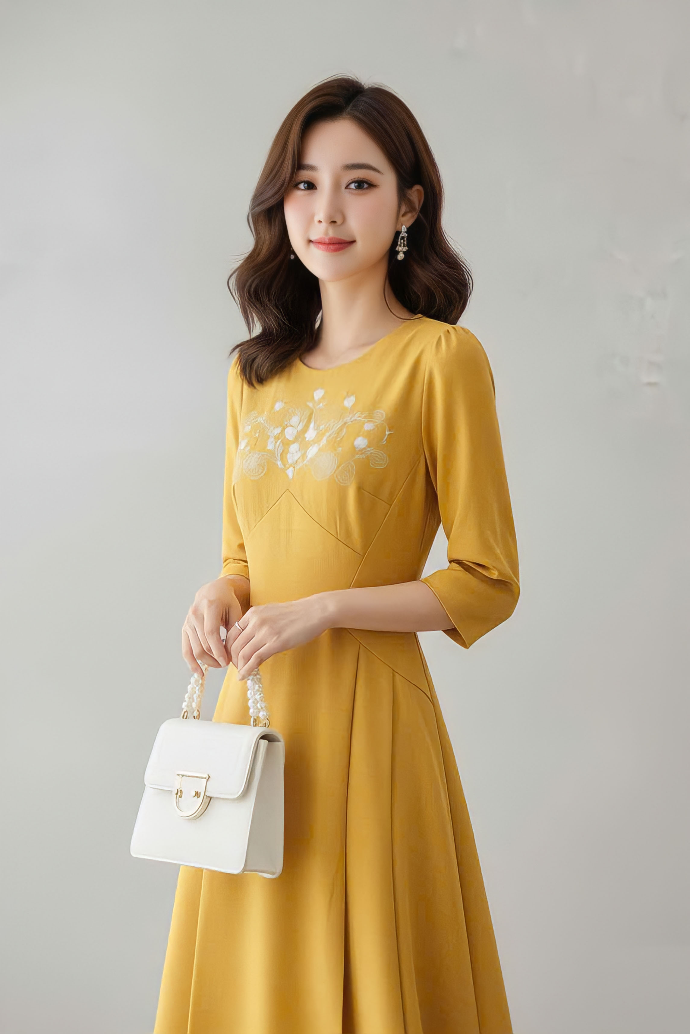 Váy cổ tròn can cúp ngực tay bồng