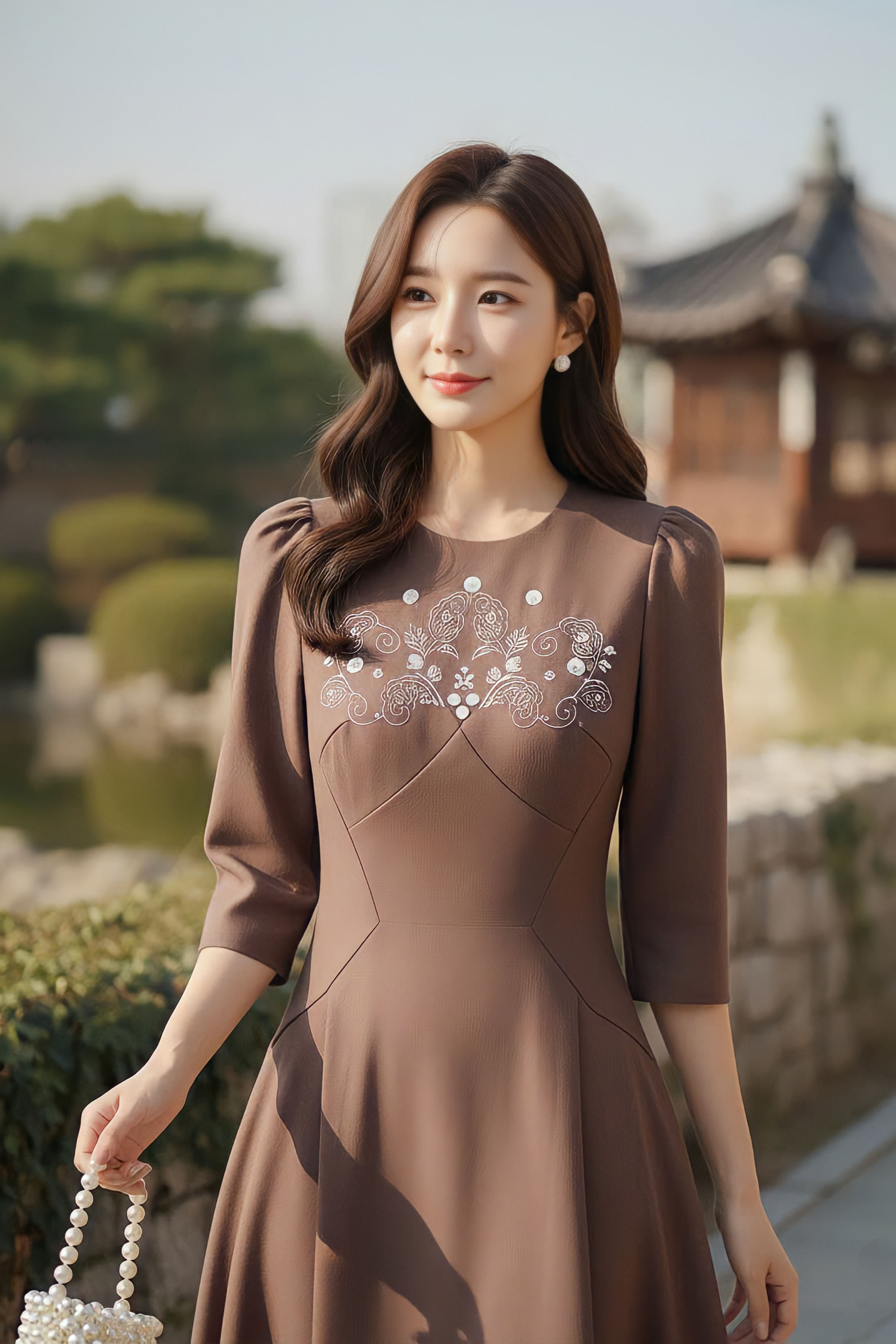 Váy cổ tròn can cúp ngực tay bồng