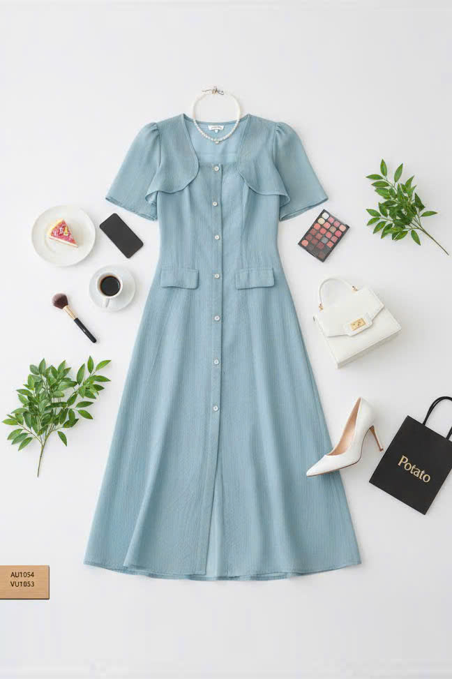 Sét áo khoác croptop tay bồng & Váy hai dây