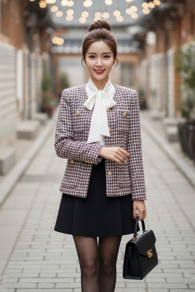 Áo tweed cổ tim cài cúc tay bồng túi ốp