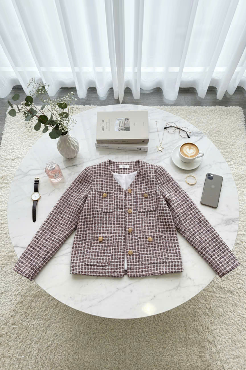 Áo tweed cổ tim cài cúc tay bồng túi ốp