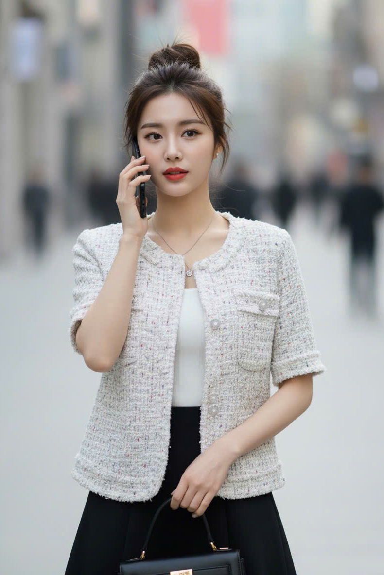 Áo tweed cổ tròn nẹp rút rua, túi ngực