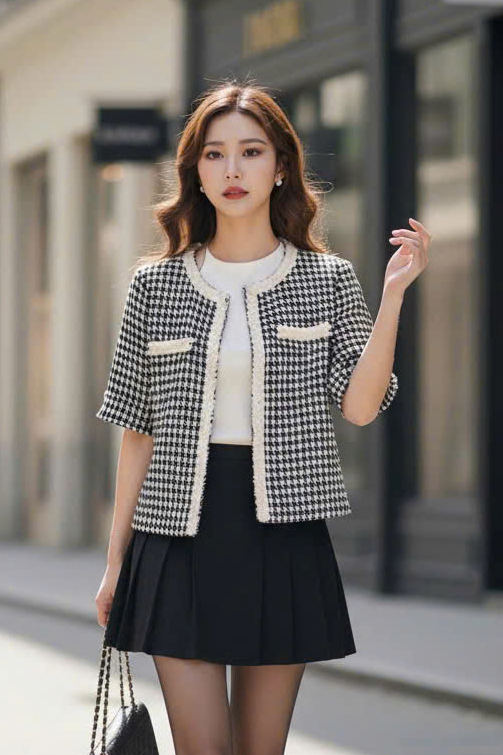 Áo tweed cổ tròn dáng suông ngắn rút rua cài cúc