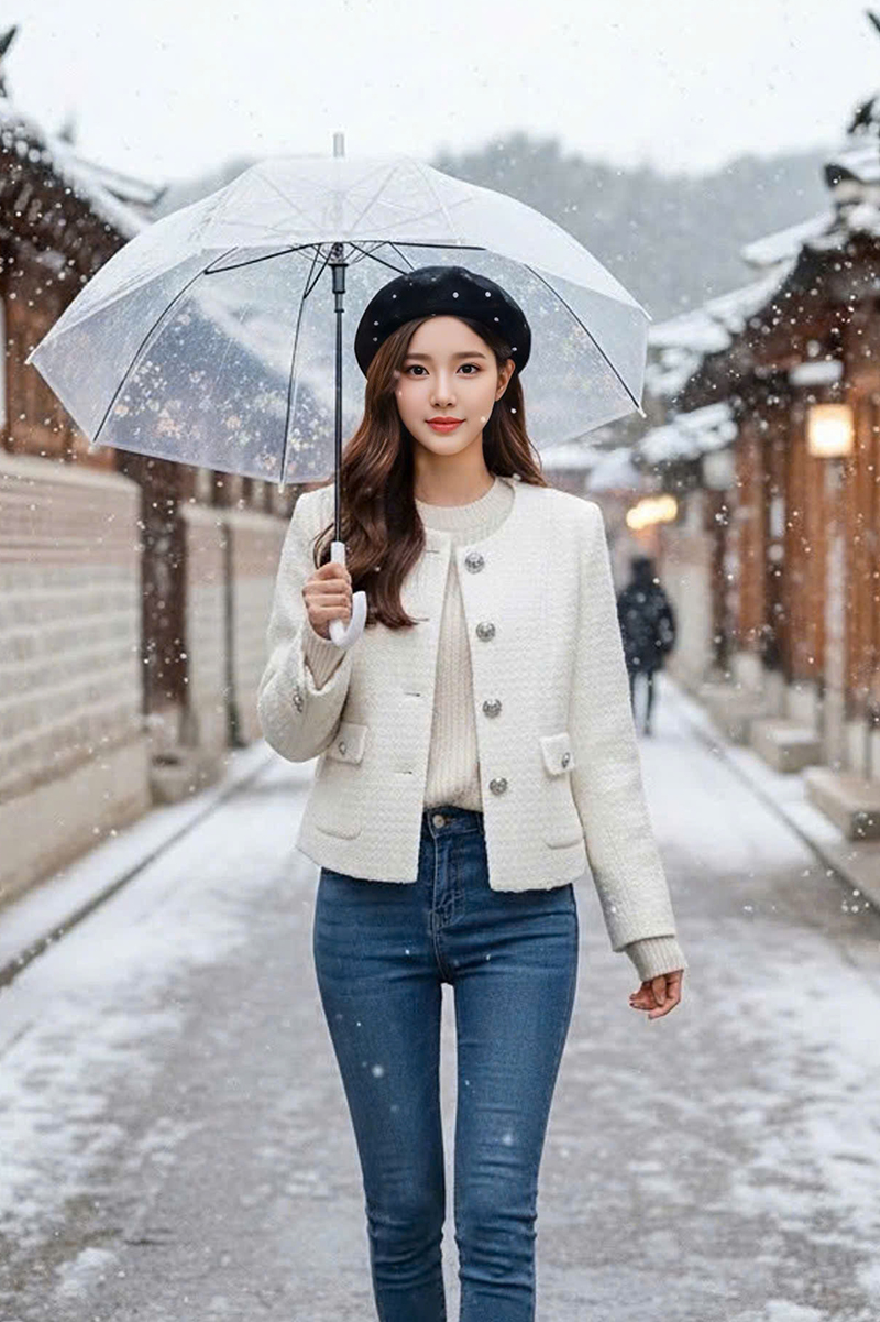 Áo dạ Tweed cổ tròn túi sườn