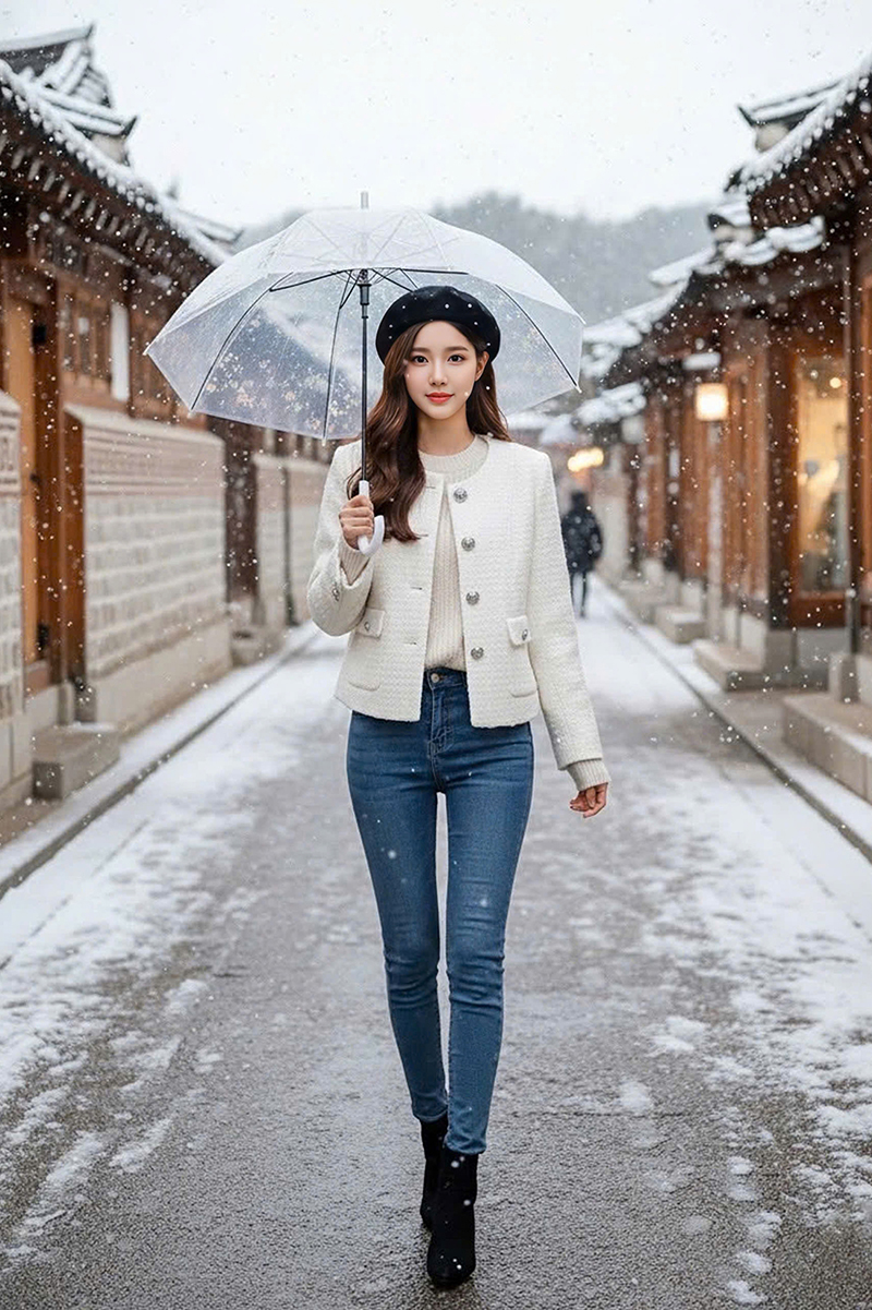 Áo dạ Tweed cổ tròn túi sườn