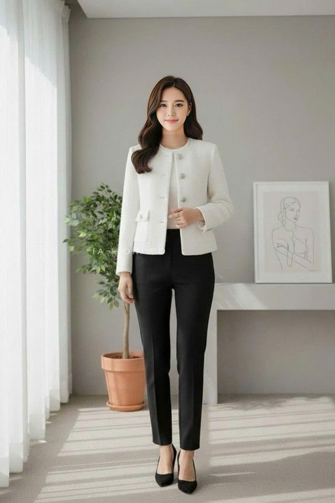 Áo dạ Tweed cổ tròn túi sườn