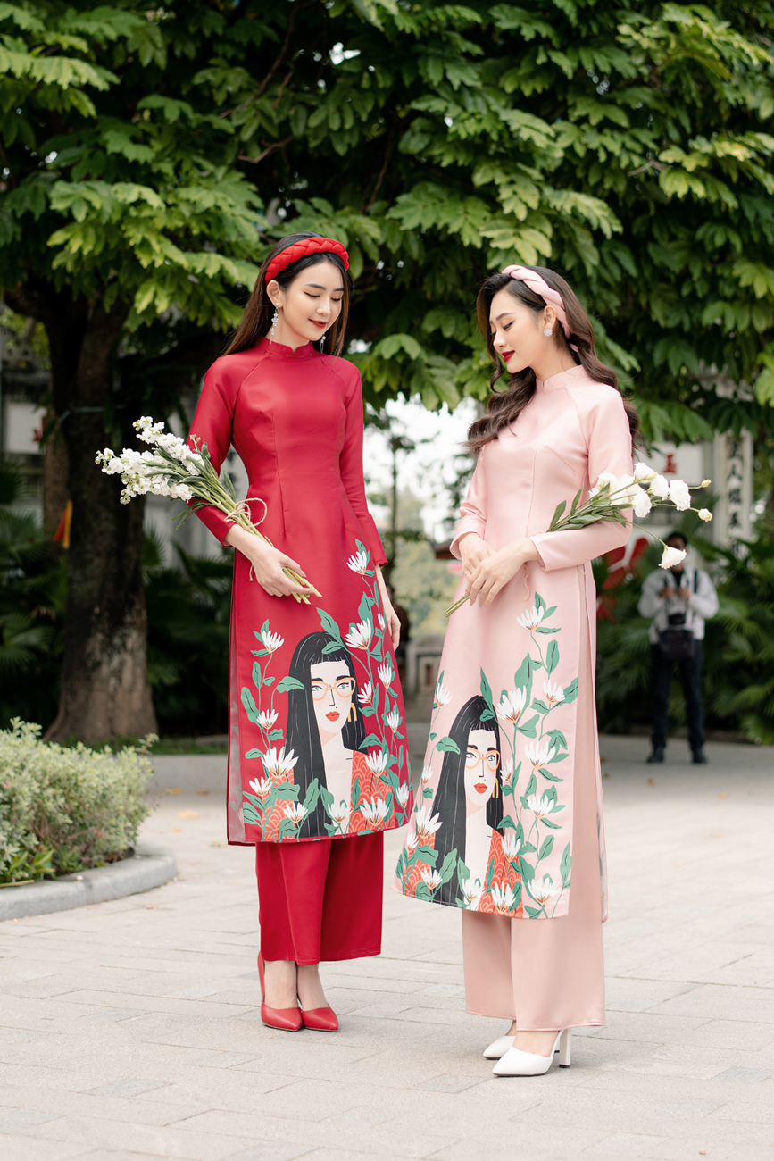 Sét áo dài in hình cô gái đeo kính vải Taffa