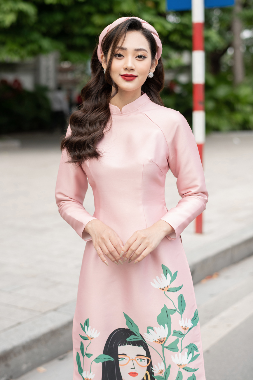 Sét áo dài in hình cô gái đeo kính vải Taffa