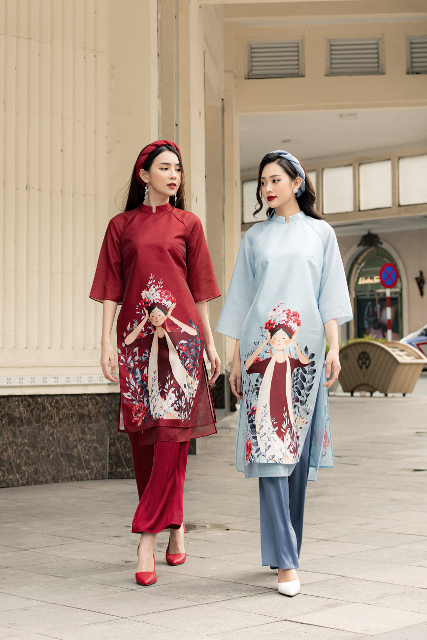 Sét áo dài in hình cô giá đội hoa