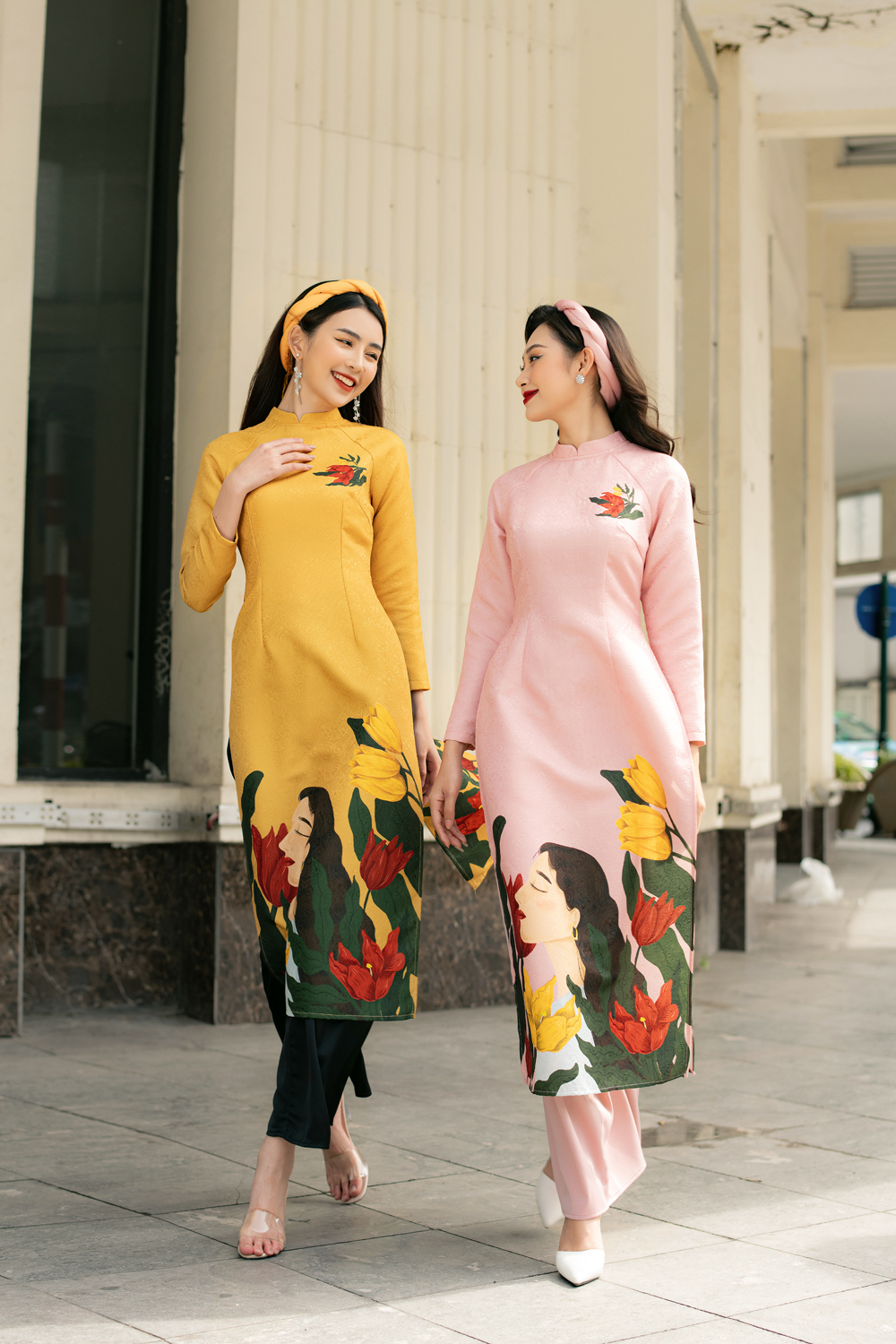 Sét áo dài in hình cô gái và hoa tuy líp vải gấm