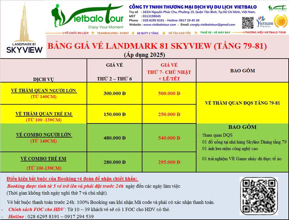 Bảng giá vé Landmark 81 Skyview - Tòa nhà 81 tầng