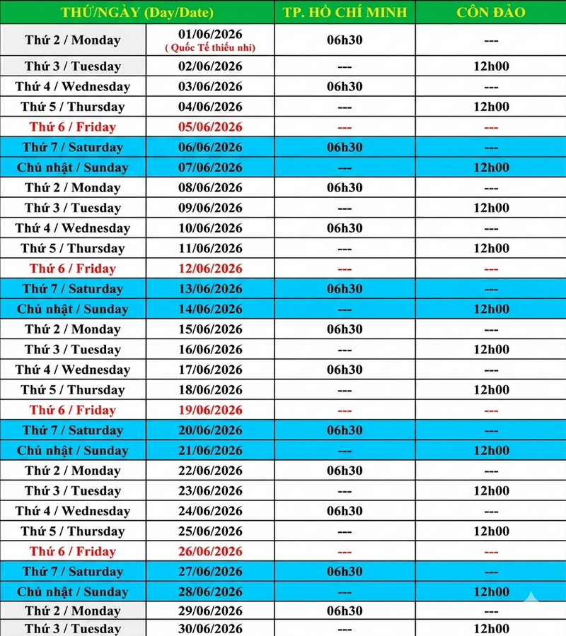 Lịch tàu Sài Gòn Côn Đảo tháng 6/2026 - Hãng tàu Phú Quý Express