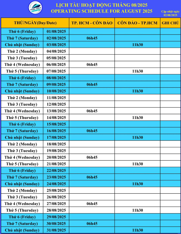 Lịch tàu Côn Đảo tháng 8/2025 - Phú Quý Express