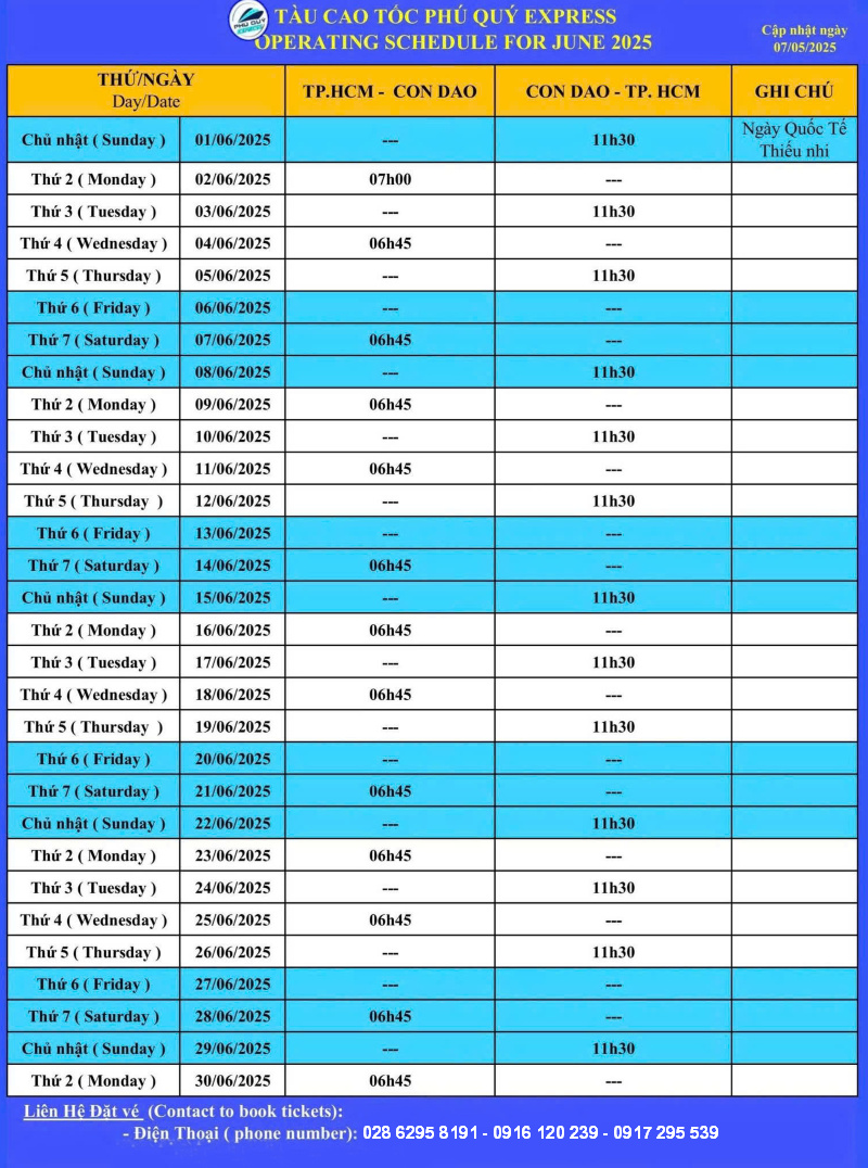 Lịch tàu Sài Gòn Côn Đảo tháng 6.2025