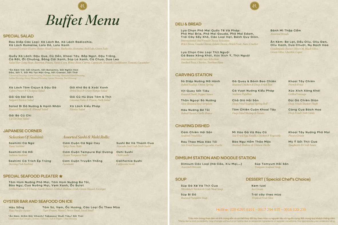 Menu buffet tàu Rever