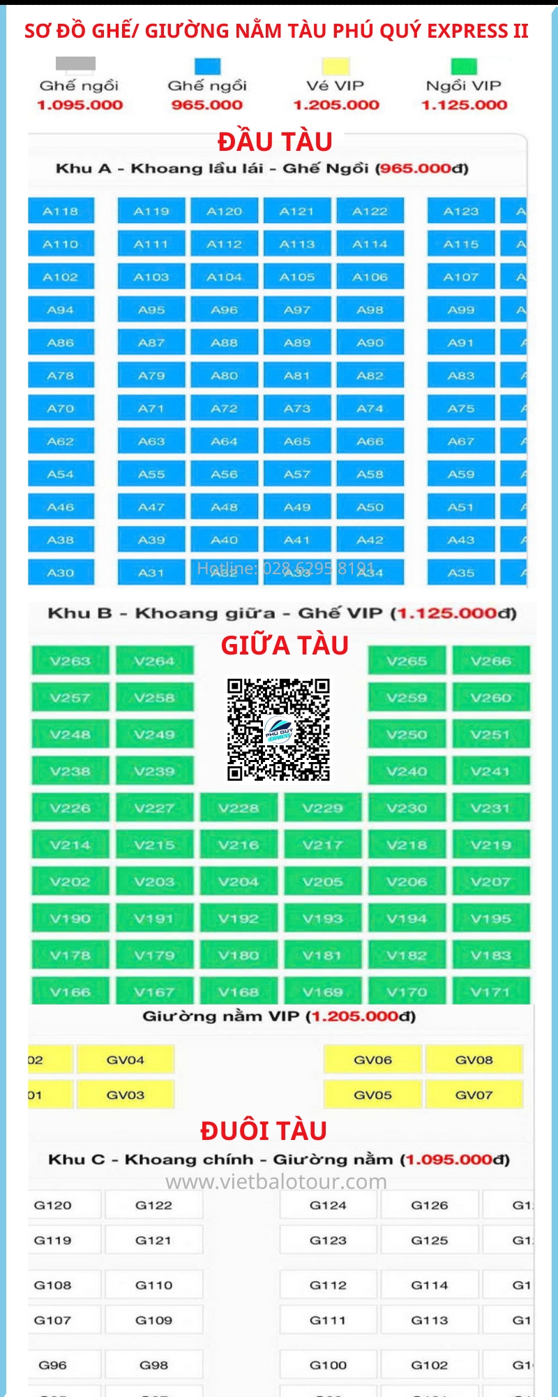 sơ đồ ghế ngồi và giường nằm tàu Phú Quý Express II, chảy tuyến Sài Gòn Côn Đảo