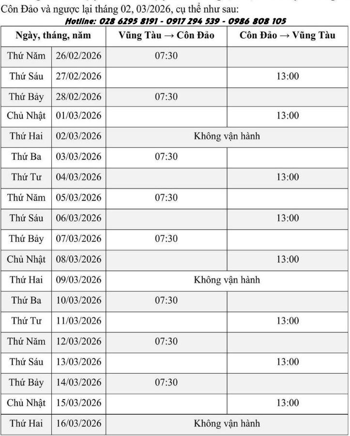 Lịch tàu Vũng Tàu côn Đảo 2026