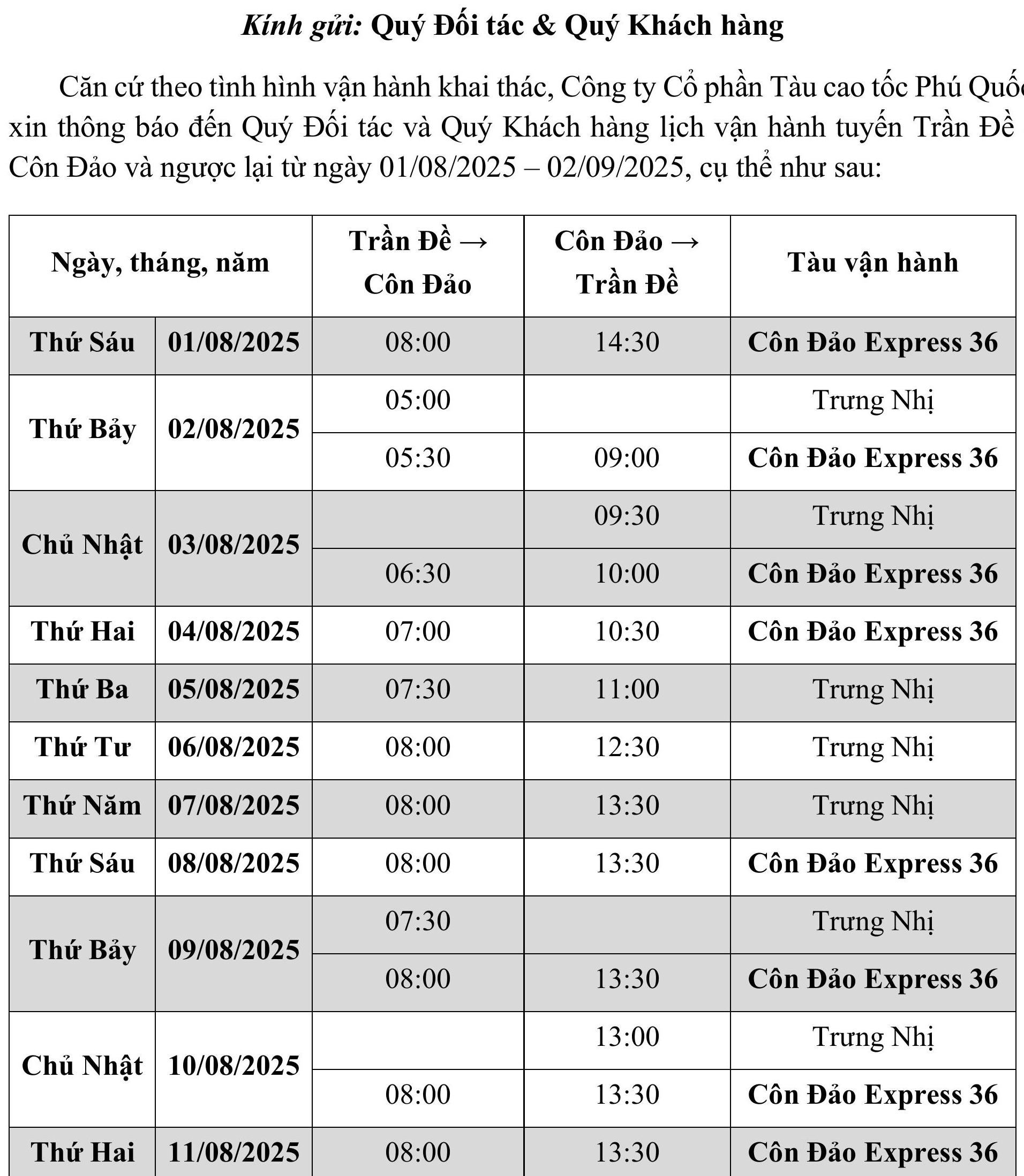 Lịch tàu Trần Đề Côn Đảo tháng 8 và 2/9