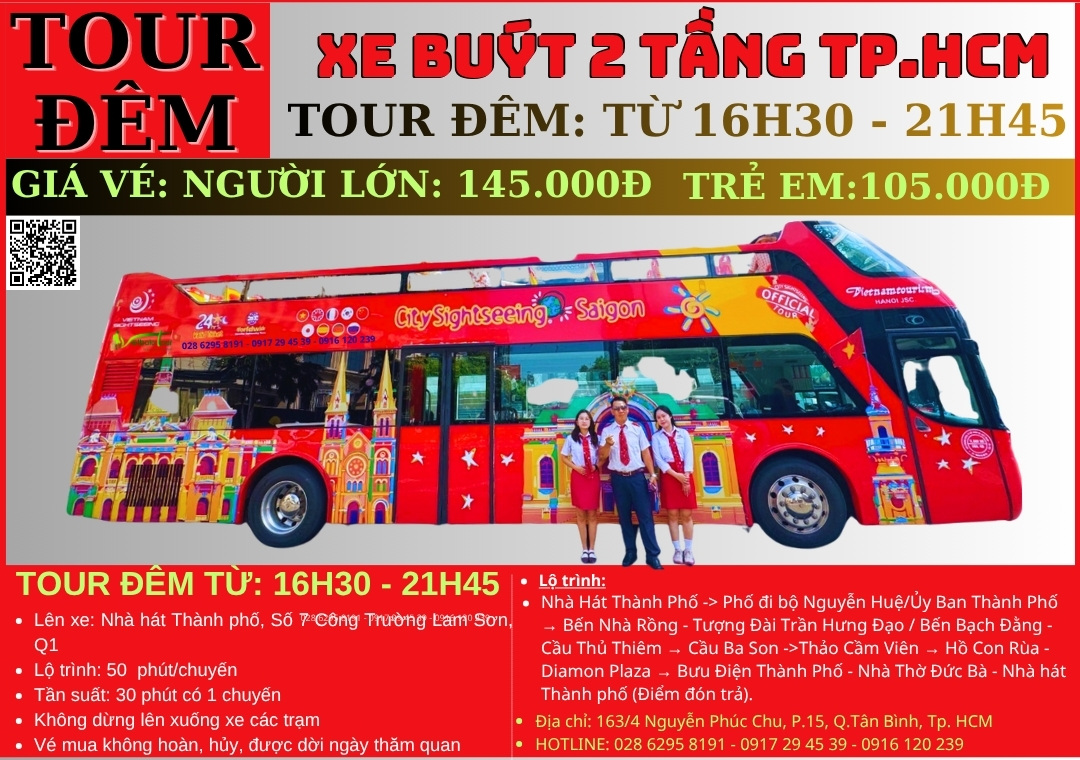 Bảng giá vé Xe buýt 2 tầng Sài Gòn - Tour ban đêm