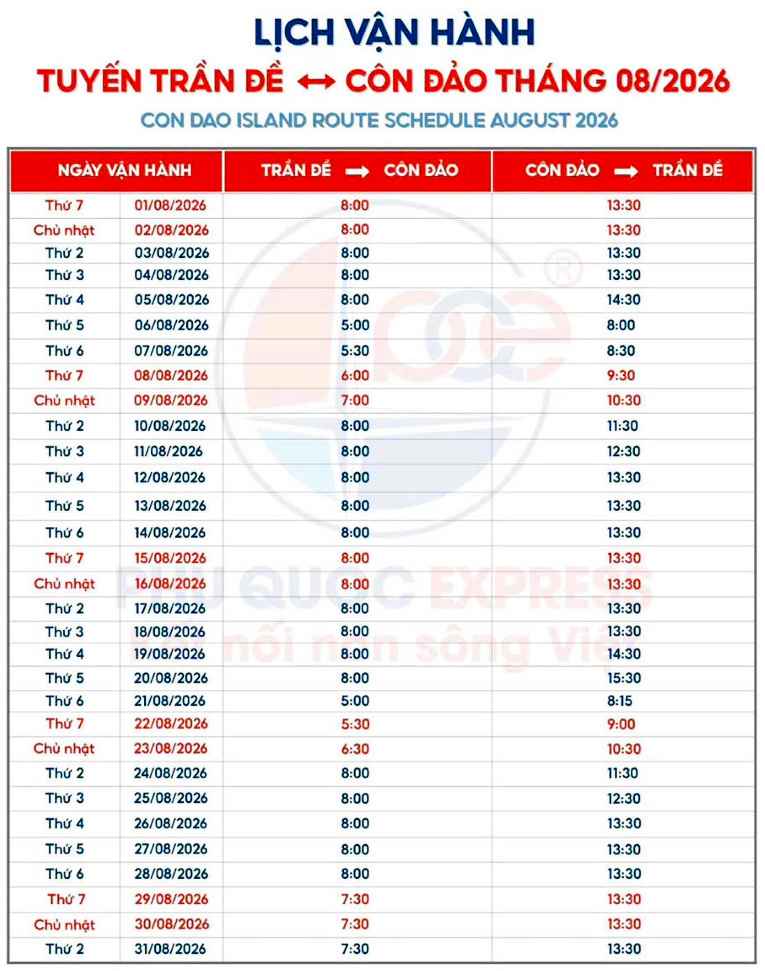 Lịch tàu Côn Đảo tháng 8.2026