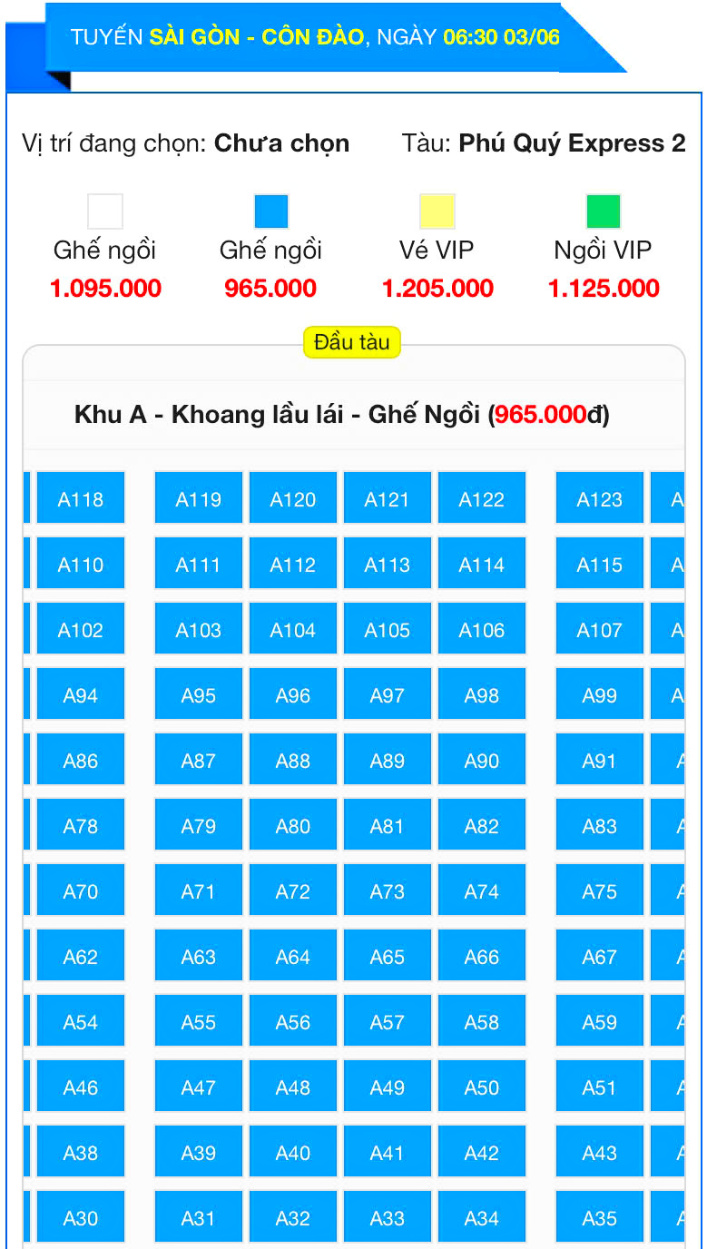 sơ đồ ghế ngồi, giá vé, lịch khởi hành tàu Sài Gòn côn Đảo