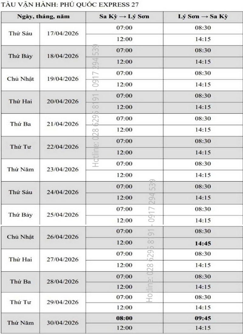 Lịch tàu và giá vé tháng 4-2026 - Tuyến Sa Ký Lý Sơn - tàu Phú Quốc Express