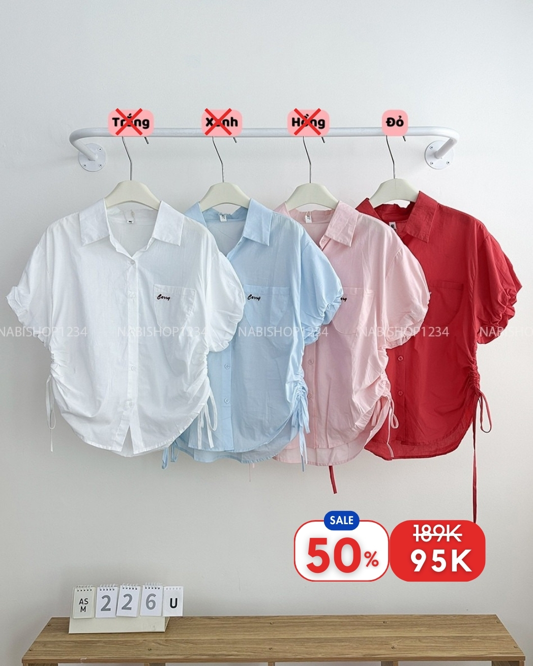 (S50%) Áo Sơ Mi Số 226-U Rút Eo Túi Thêu Chữ