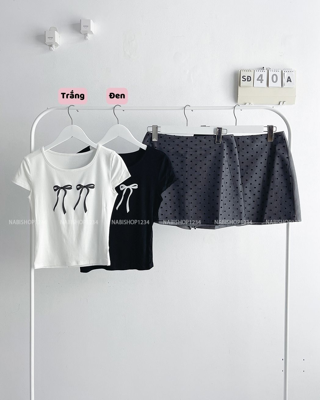 (S20%) Set Đồ Số 40-A Áo Nơ Kèm CV Chấm Bi