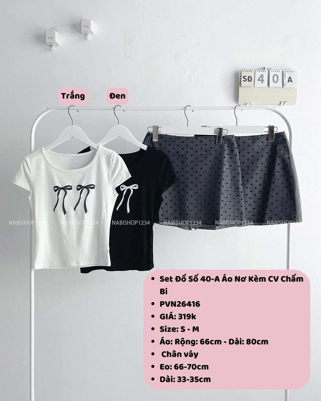 (S20%) Set Đồ Số 40-A Áo Nơ Kèm CV Chấm Bi