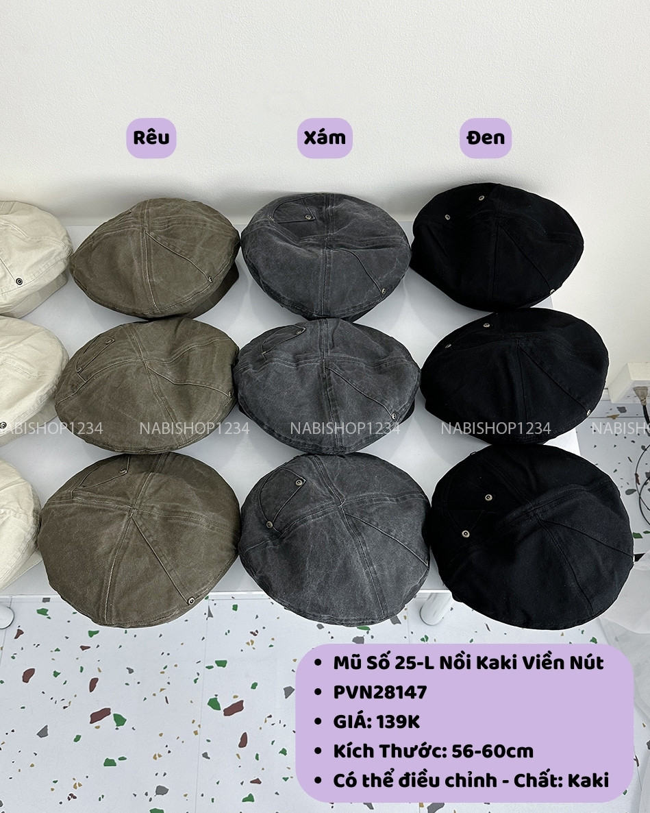 (S20%) Mũ Số 25-L Nồi Kaki Viền Nút