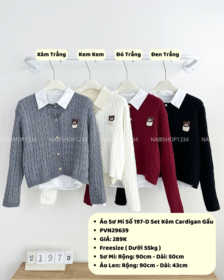 Áo Sơ Mi Số 197-D Set Kèm Cardigan Gấu