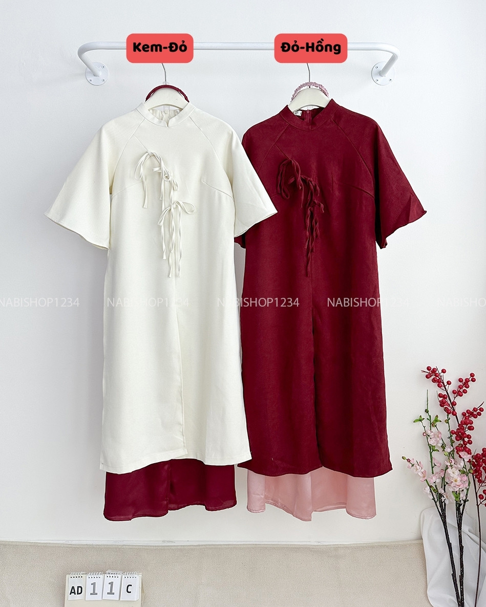 Áo Dài Số 11-C Chéo Xẻ Tà 3 Nơ + Cài
