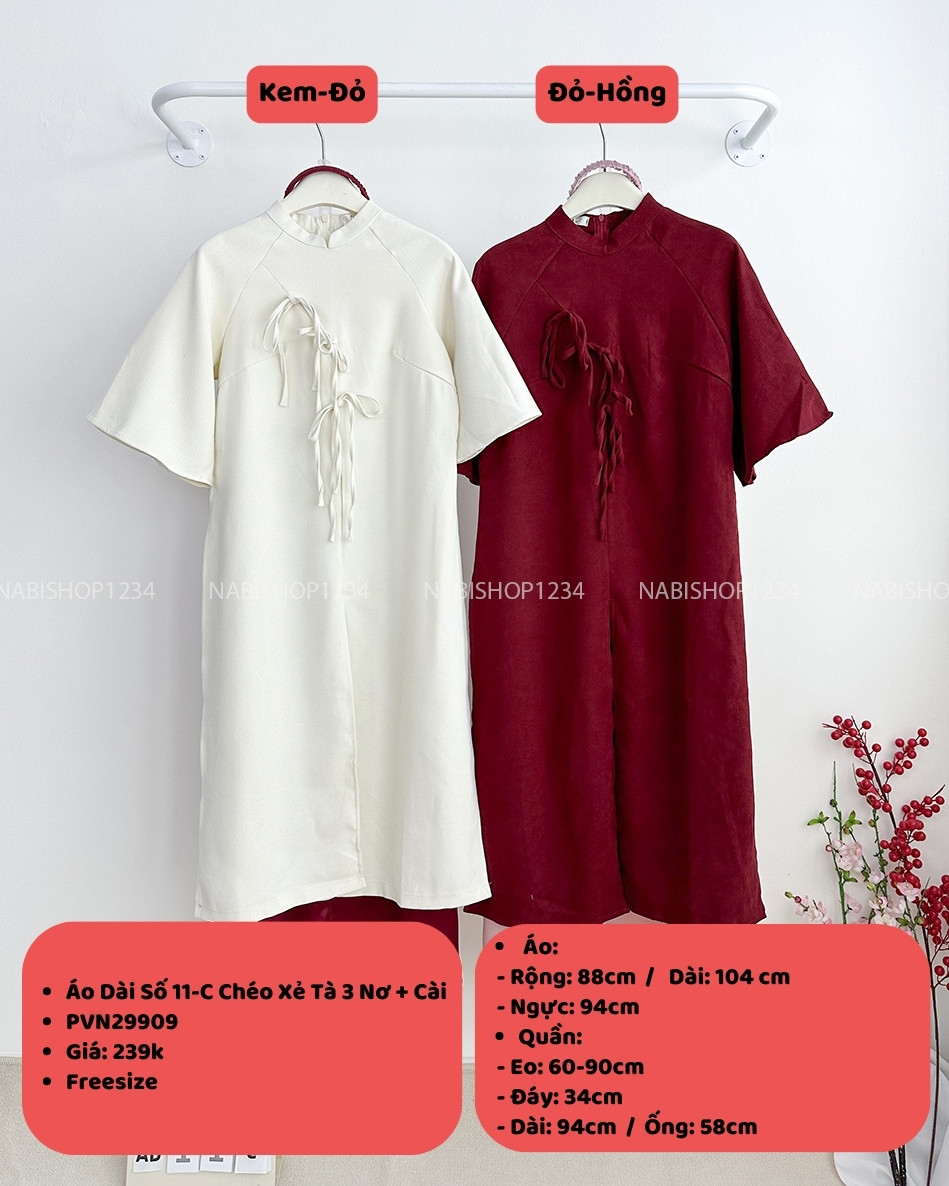Áo Dài Số 11-C Chéo Xẻ Tà 3 Nơ + Cài
