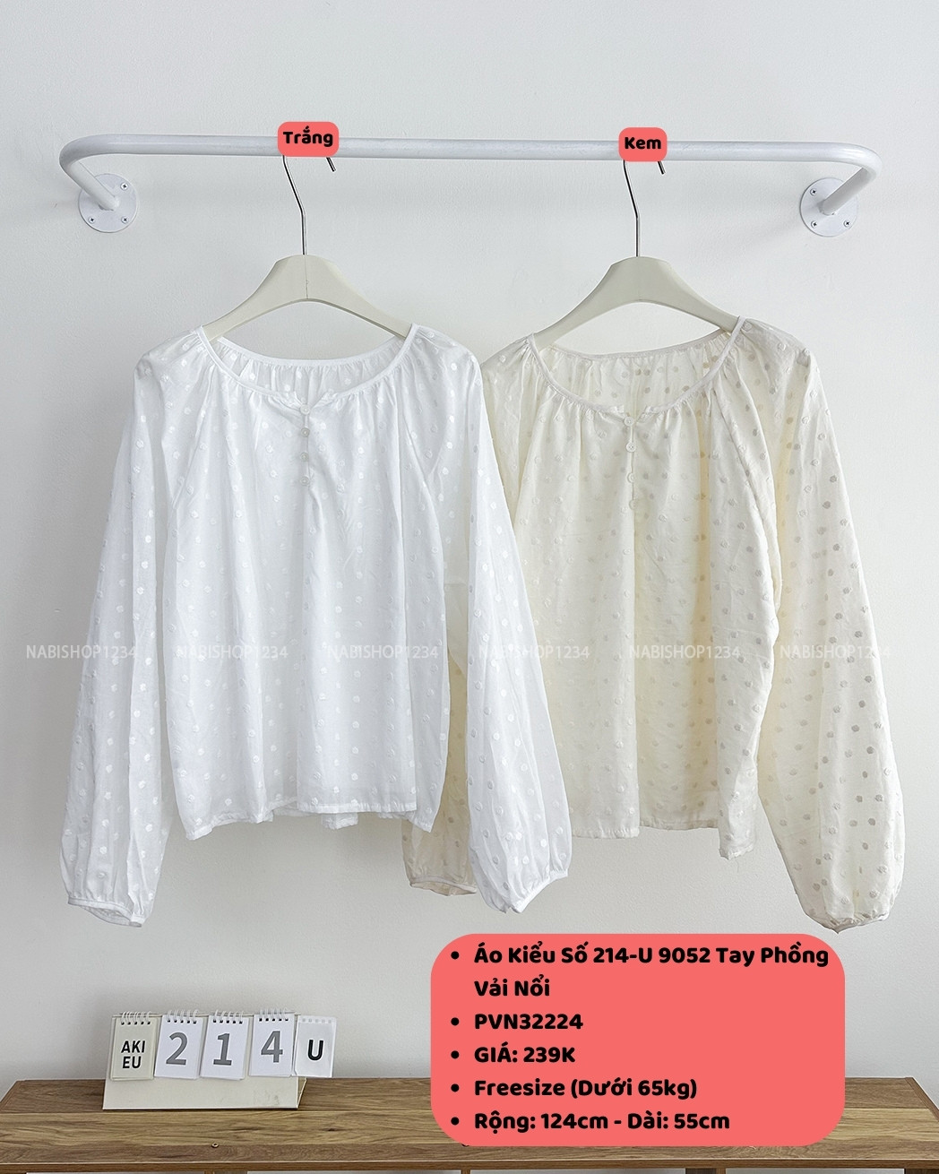 Áo Kiểu Số 214-U 9052 Tay Phồng Vải Nổi