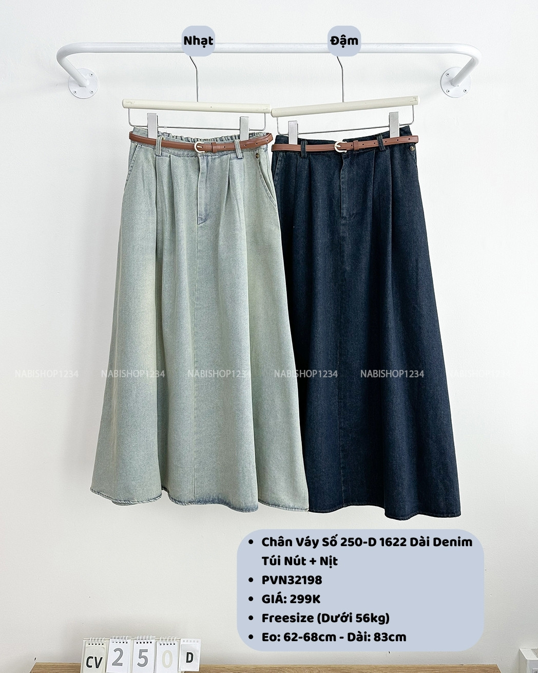 Chân Váy Số 250-D 1622 Dài Denim Túi Nút + Nịt