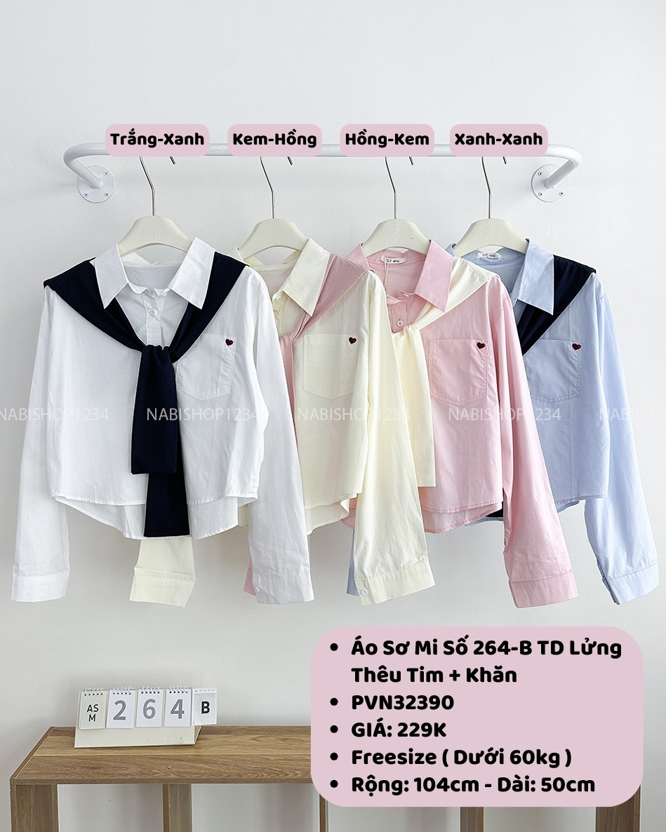 Áo Sơ Mi Số 264-B TD Lửng Thêu Tim + Khăn