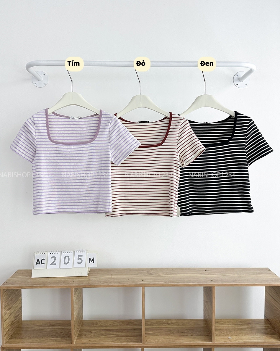 Áo Croptop Số 205-M 3522 Kẻ Cổ Vuông